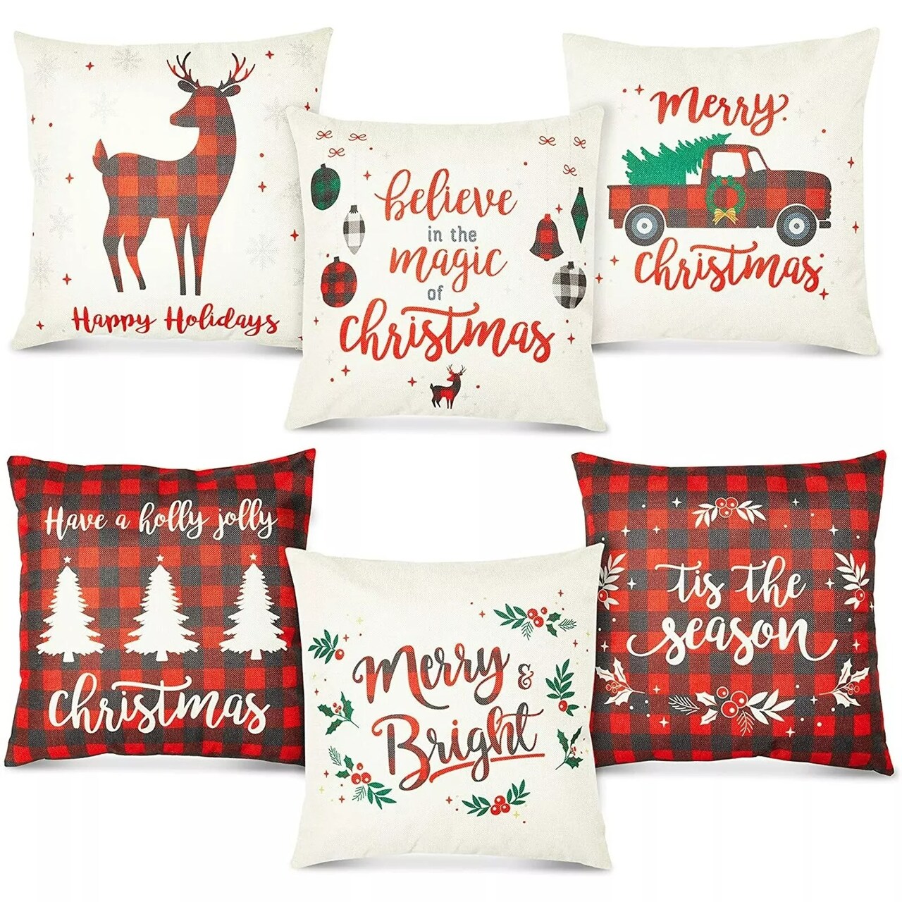 Set of 6 Christmas Throw Pillow Covers 18x18”, Red Plaid Farmhouse Holiday Décor